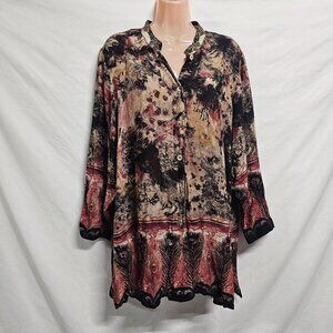 Citron Santa Monica Women Silk Top Blouse Shirt Size 1X Button Up Sequins L/Sl